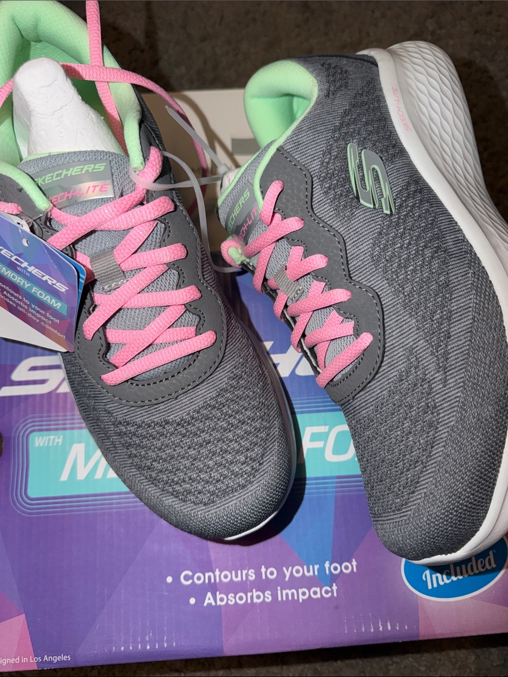 BNIBSkechers Women's Gray Knit Athletic Sneakers with Pink Laces & Mint Accent